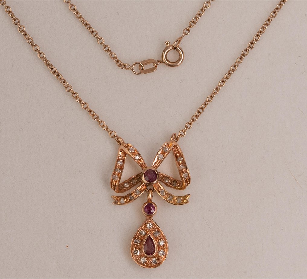 Κολιέ με μενταγιόν - 14 καράτια Ροζ χρυσό -  0.65ct. tw. Ρουμπίνι - Διαμάντι #1.0