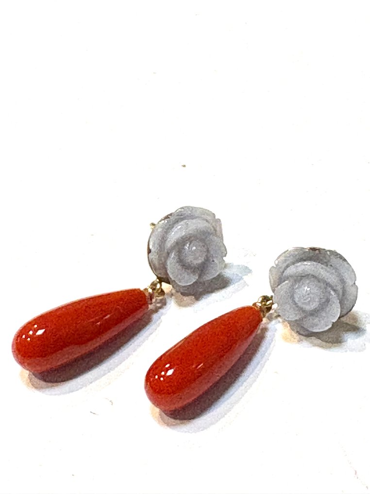 Boucles d'oreilles - 14 carats Or rose Corail - Calcédoine #2.1