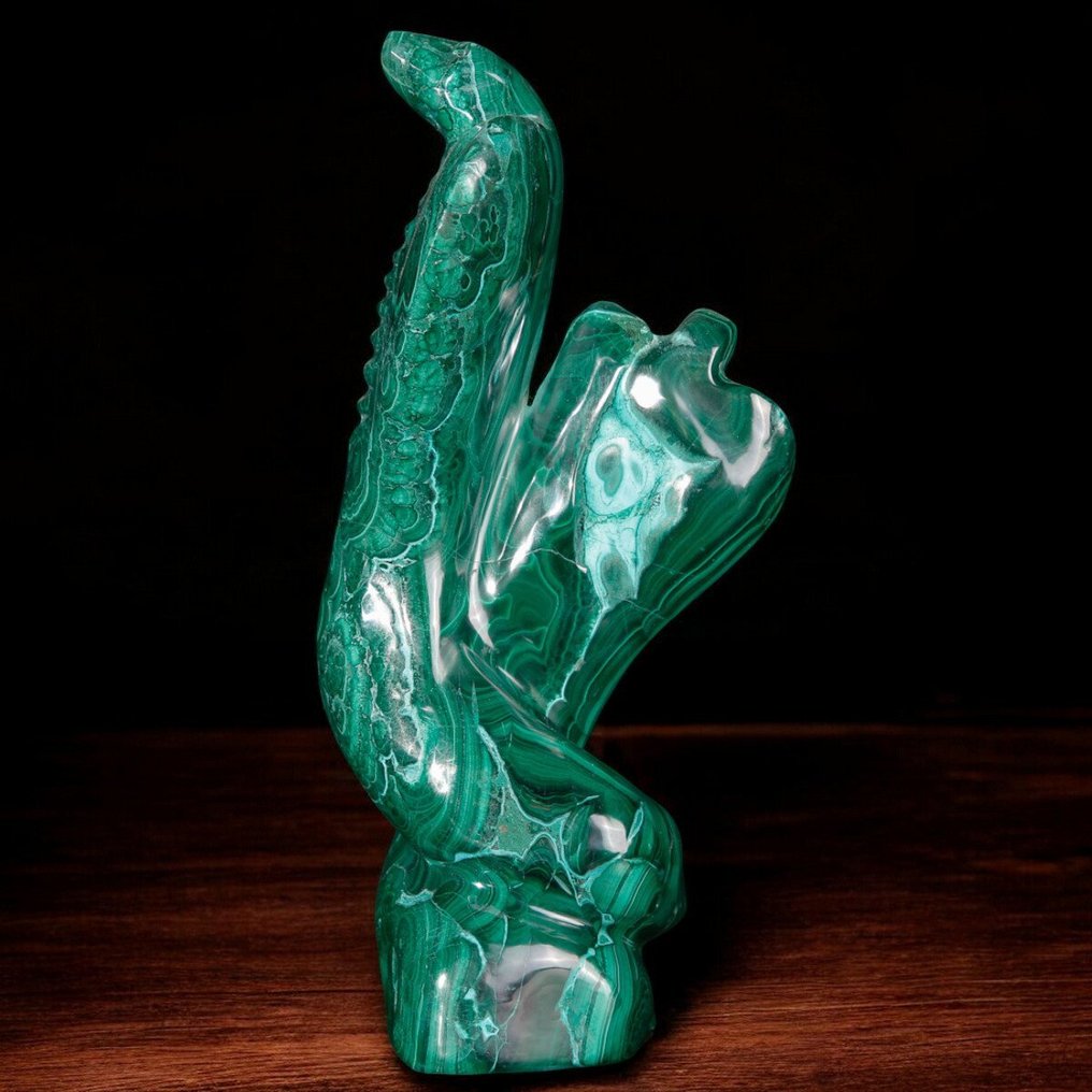 Extremely refined malachite sculpture - intertwined pythons - truly unique specimen - Height: 213 mm - Width: 95 mm- 1592 g #2.1