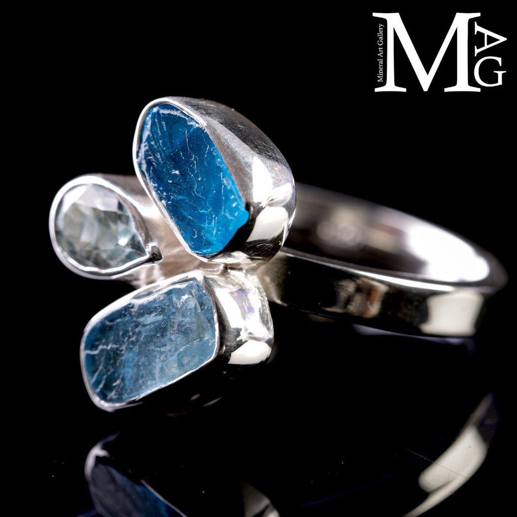 意大利独家银饰 - 925纯银戒指，镶有海蓝宝石和磷灰石 - 高度: 18 mm - 闊度: 22 mm- 6 g #2.1