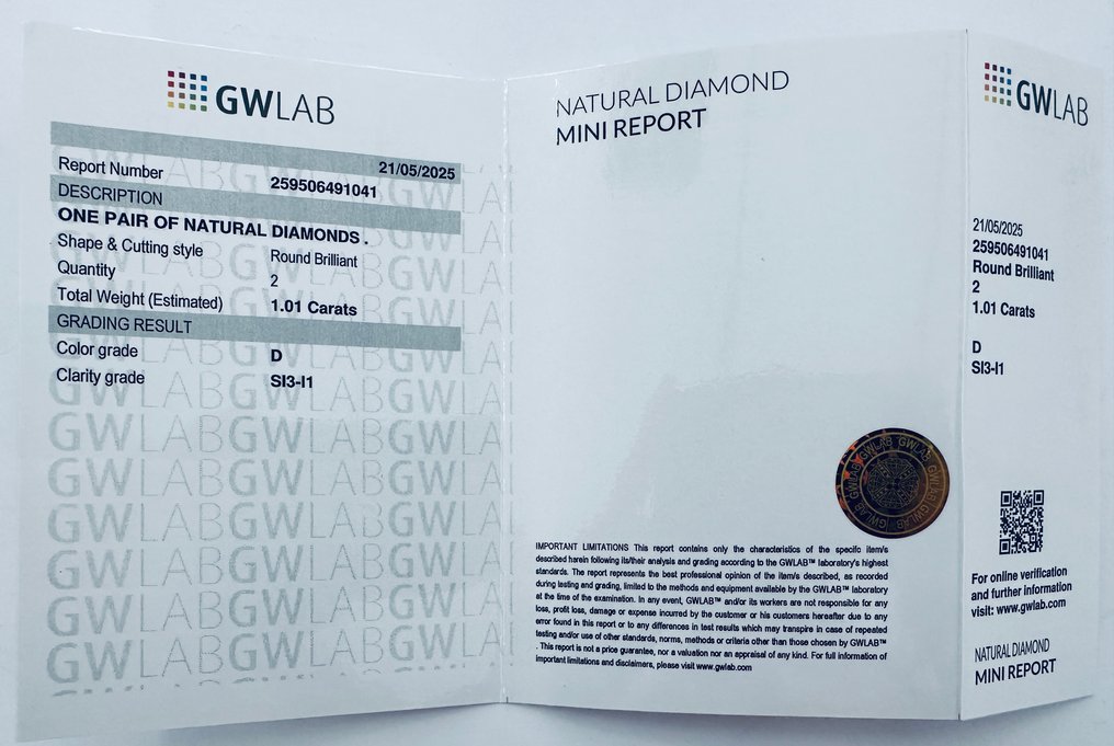 2 pcs Diamante (Naturale) - 1.01 ct - Rotondo - D (incolore) - I1, SI3 - Gemewizard Gemological Laboratory (GWLab) - Coppie di abbinamento sorprendenti #4.3