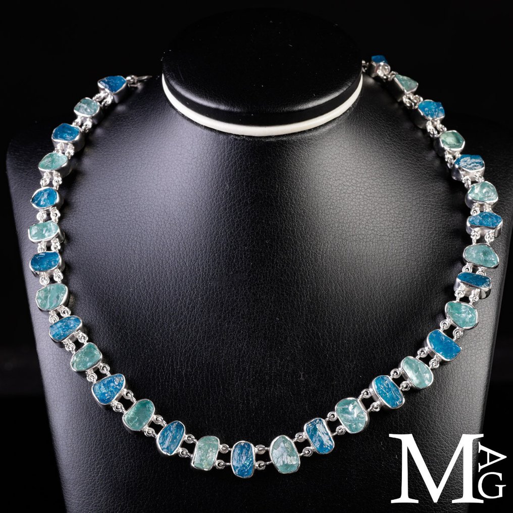 Ekskluzywny i elegancki srebrny naszyjnik - naturalny akwamaryn i apatyt - certyfikowany - Wysokość: 470 mm - Szerokość: 13 mm- 65.7 g #2.1