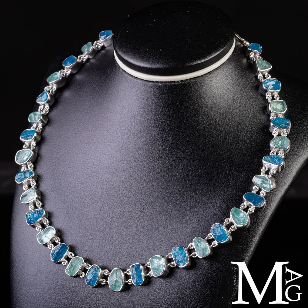 Ekskluzywny i elegancki srebrny naszyjnik - naturalny akwamaryn i apatyt - certyfikowany - Wysokość: 470 mm - Szerokość: 13 mm- 65.7 g #1.0