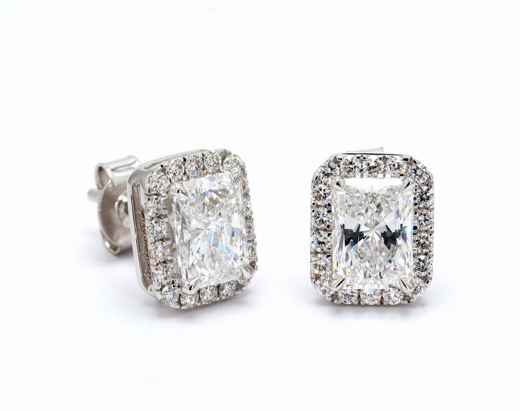 小型钉状耳环 - 14K包金 白金 -  2.42ct. tw. 钻石 (实验室培育) - 钻石 - 光彩熠熠的光环切割耳环 #1.0