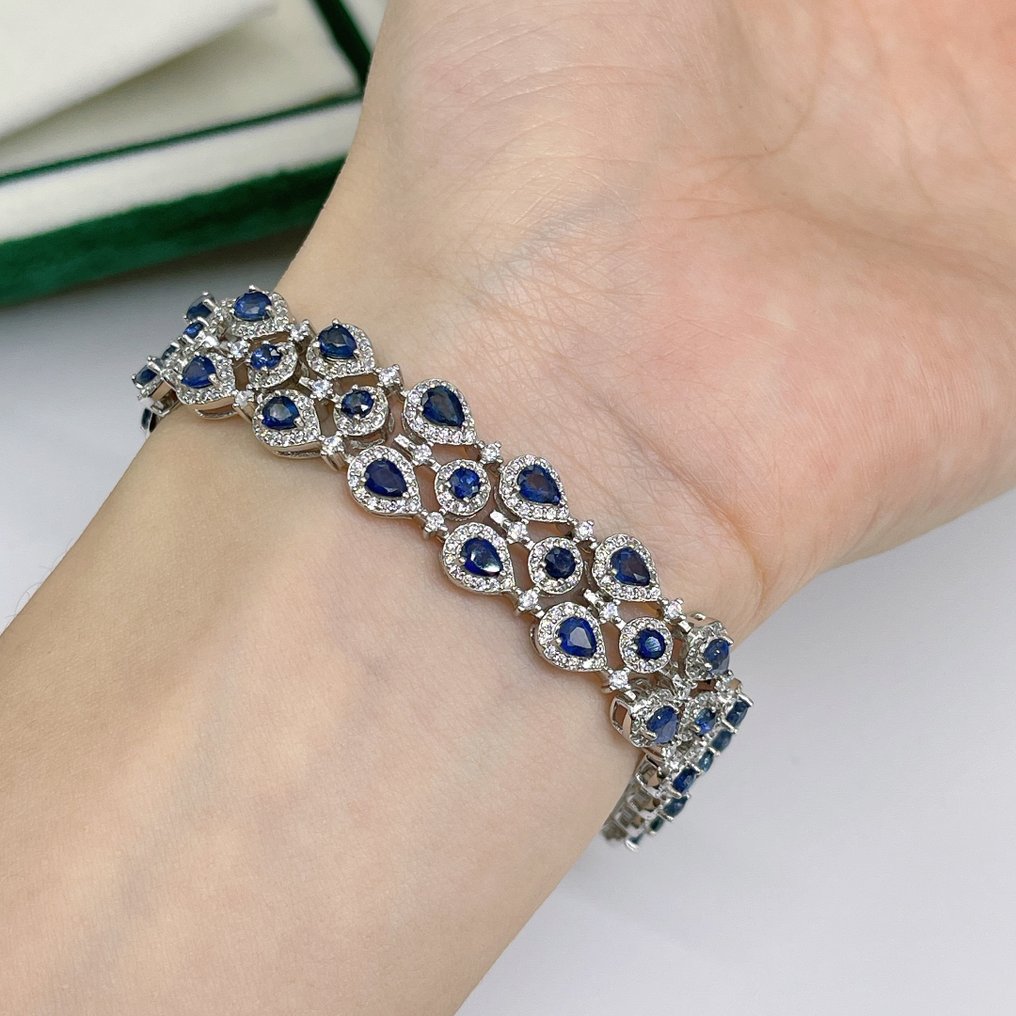 ***SENZA OFFERTA MINIMA*** Bracciale di zaffiro di lusso da 9,4 carati – fatto a mano in argento - Lunghezza di 18 cm - Regolabile- 20.2 g - (1) #3.2