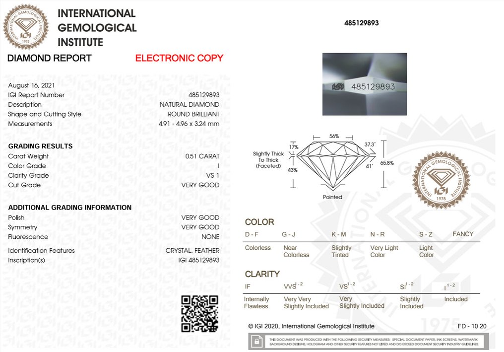1 pcs Διαμάντι  (Φυσικό)  - 0.51 ct - Στρογγυλό - I - VS1 - International Gemological Institute (IGI) #3.2