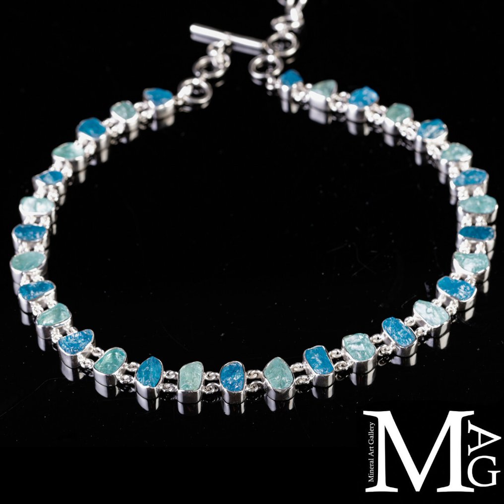 Ekskluzywny i elegancki srebrny naszyjnik - naturalny akwamaryn i apatyt - certyfikowany - Wysokość: 470 mm - Szerokość: 13 mm- 65.7 g #3.2