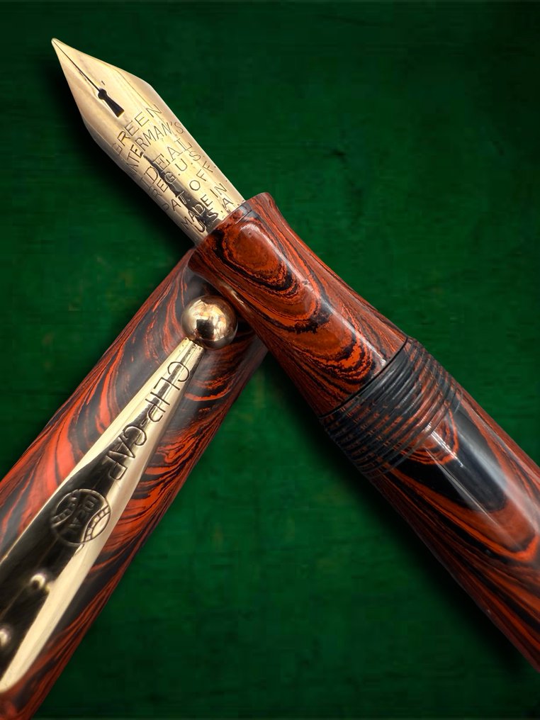 Pluma estilográfica - Waterman's -  Ideal No. 7 Red Ripple - Green Band - Füllfederhalter #1.0