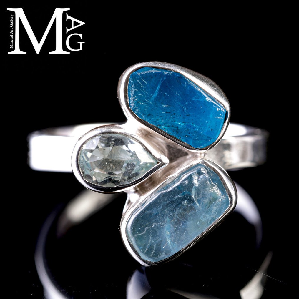 意大利独家银饰 - 925纯银戒指，镶有海蓝宝石和磷灰石 - 高度: 18 mm - 闊度: 22 mm- 6 g #1.0