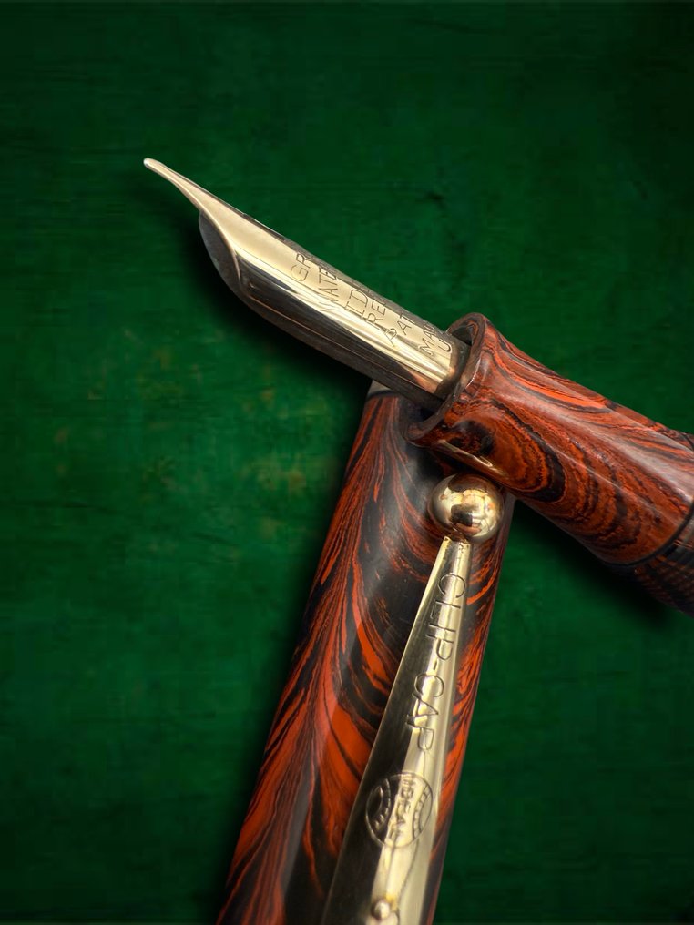 Pluma estilográfica - Waterman's -  Ideal No. 7 Red Ripple - Green Band - Füllfederhalter #1.0