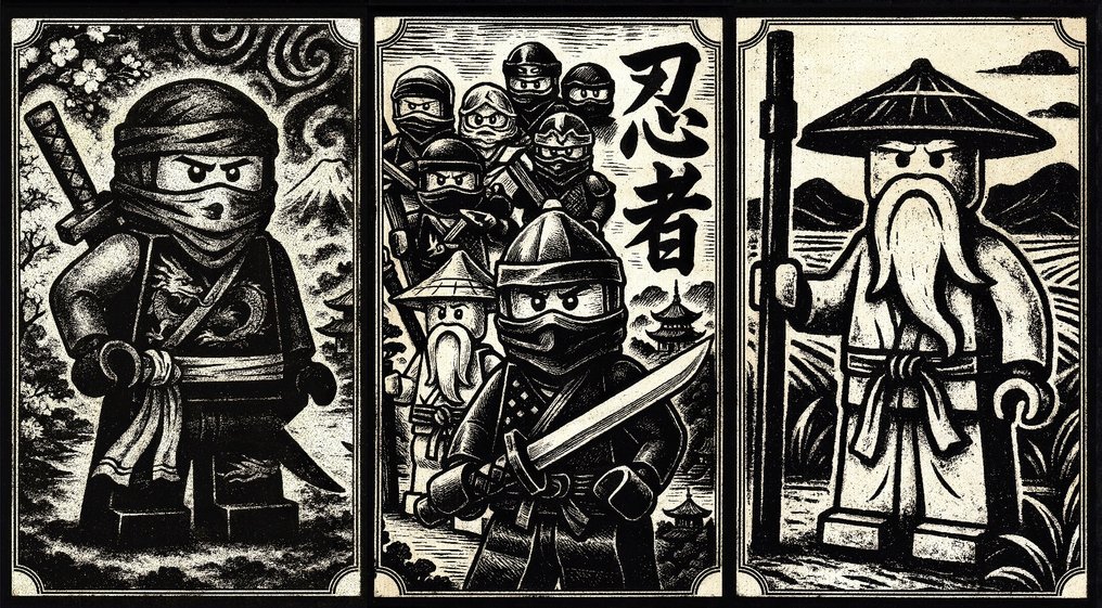 Æ (XX-XXI) - (Set of 3) – “LEGO Ninjago: Shadows of the Dojo” (2025) – Mixed Media Triptych #1.0