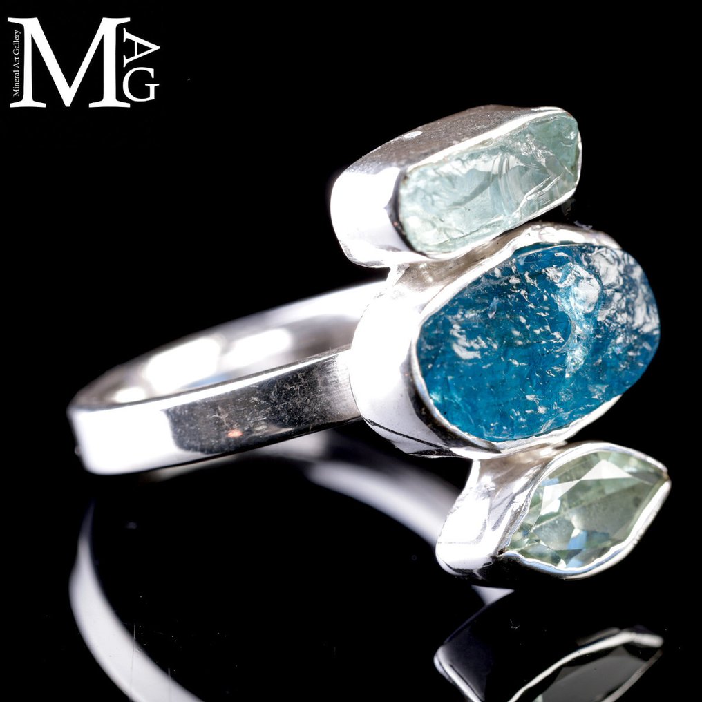 优雅的银戒指，配有磷灰石和海蓝宝石——意大利认证珠宝 - 高度: 20 mm - 宽度: 22 mm- 6 g #3.2