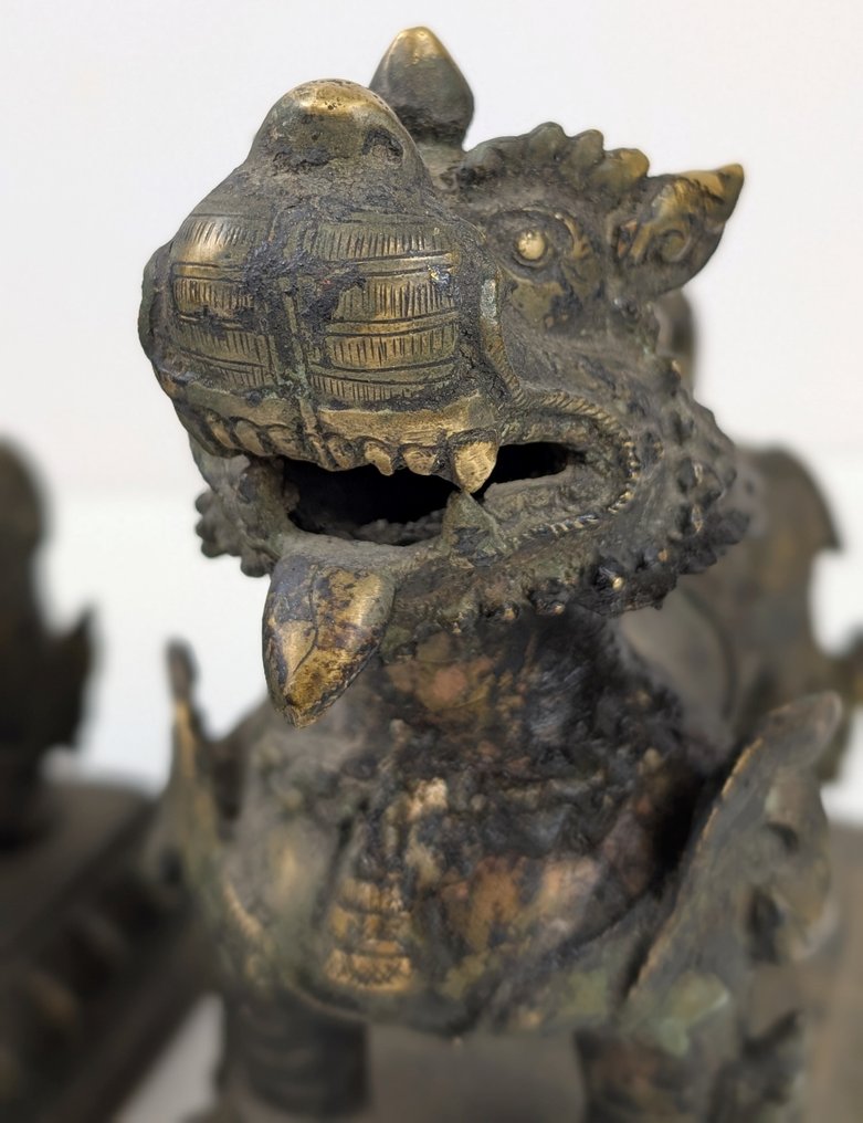 Statue, 2x oude beelden Tempelbeschermers - 17 cm - Bronze - 1940 #3.2