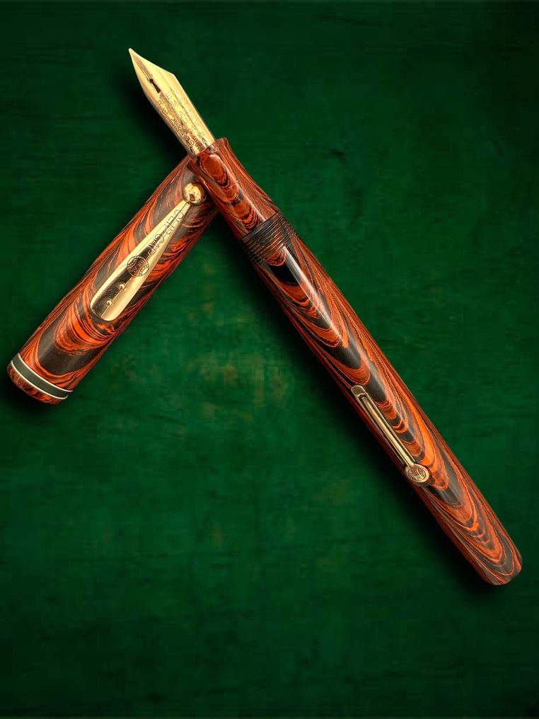 Pluma estilográfica - Waterman's -  Ideal No. 7 Red Ripple - Green Band - Füllfederhalter #3.2