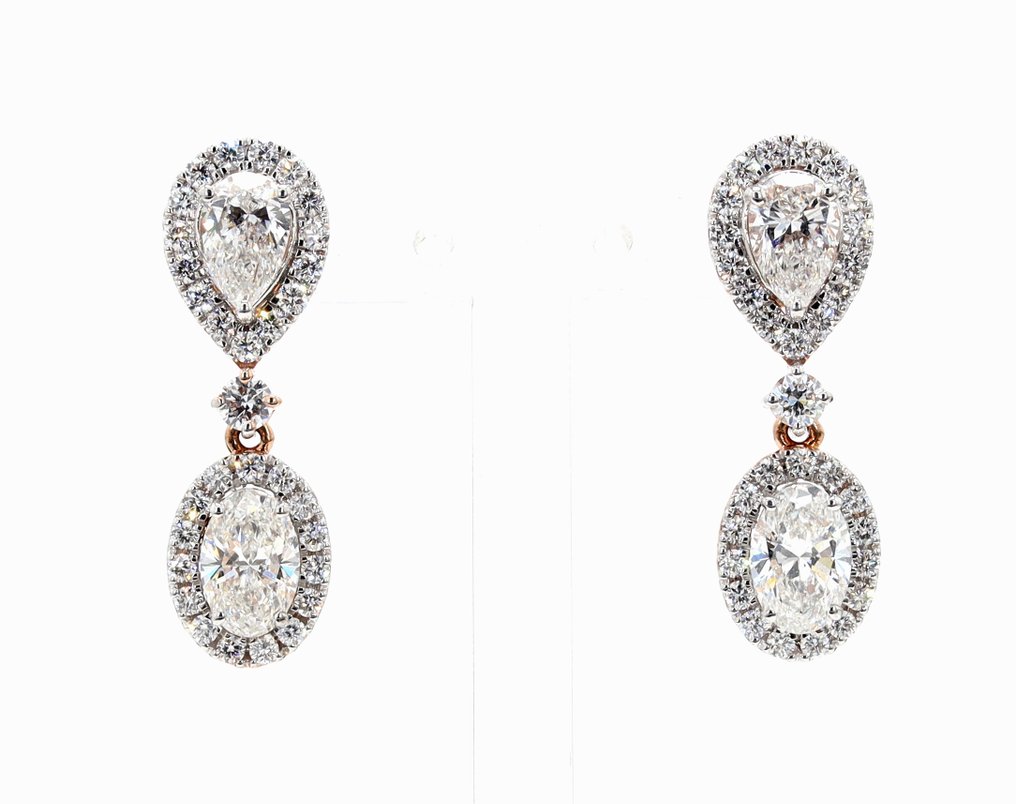 吊式耳環 - 14 克拉 玫瑰金 -  2.75ct. tw. - 鉆石 - 椭圆形和梨形耳环 #1.0