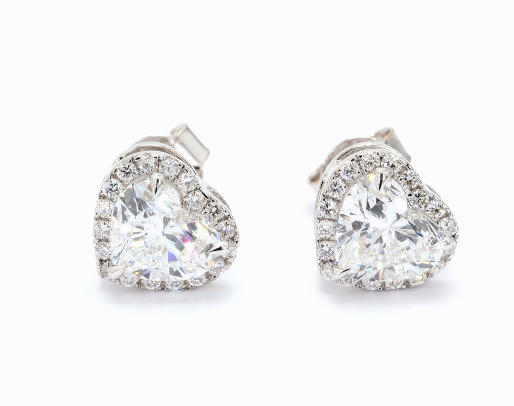 耳釘耳環 - 14 克拉 白金 -  2.32ct. tw. 鉆石 (實驗室培育) - 鉆石 - 心形光环耳环 #1.0