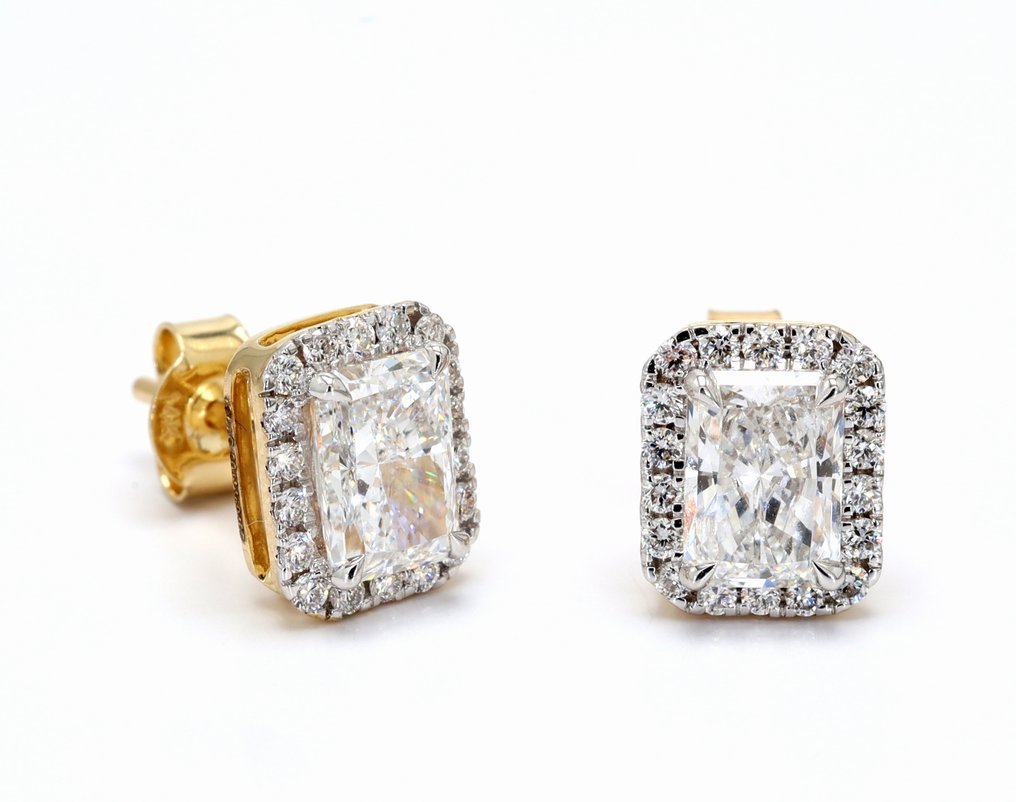 耳釘耳環 - 14 克拉 黃金 -  2.36ct. tw. 鉆石 (實驗室培育) - 鉆石 - Radiant Cut Halo 耳环 #1.0