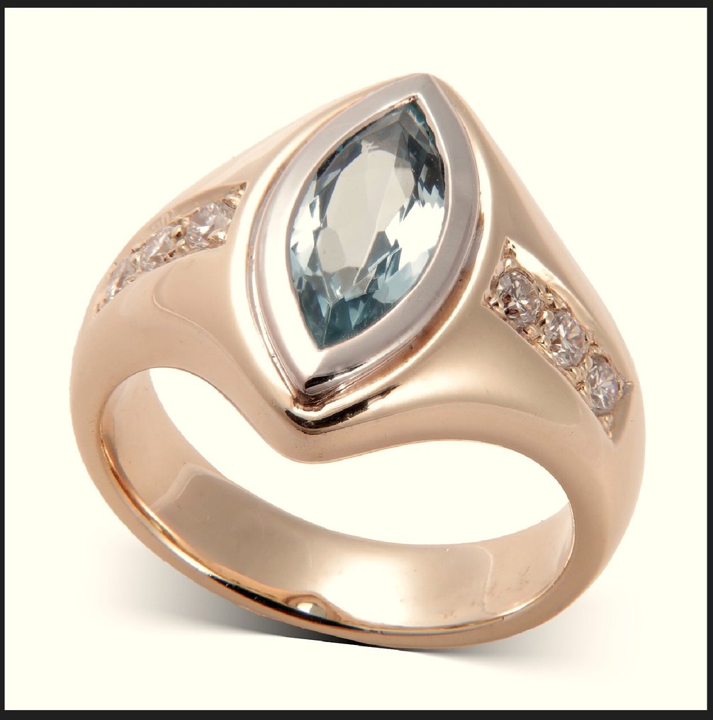 Βραδινό δαχτυλίδι - 14 καράτια Κίτρινο χρυσό, Λευκός χρυσός - 1.28ct. tw. Ακουαμαρίνης - Διαμάντι - Unique Work Cocktail 55 #1.0