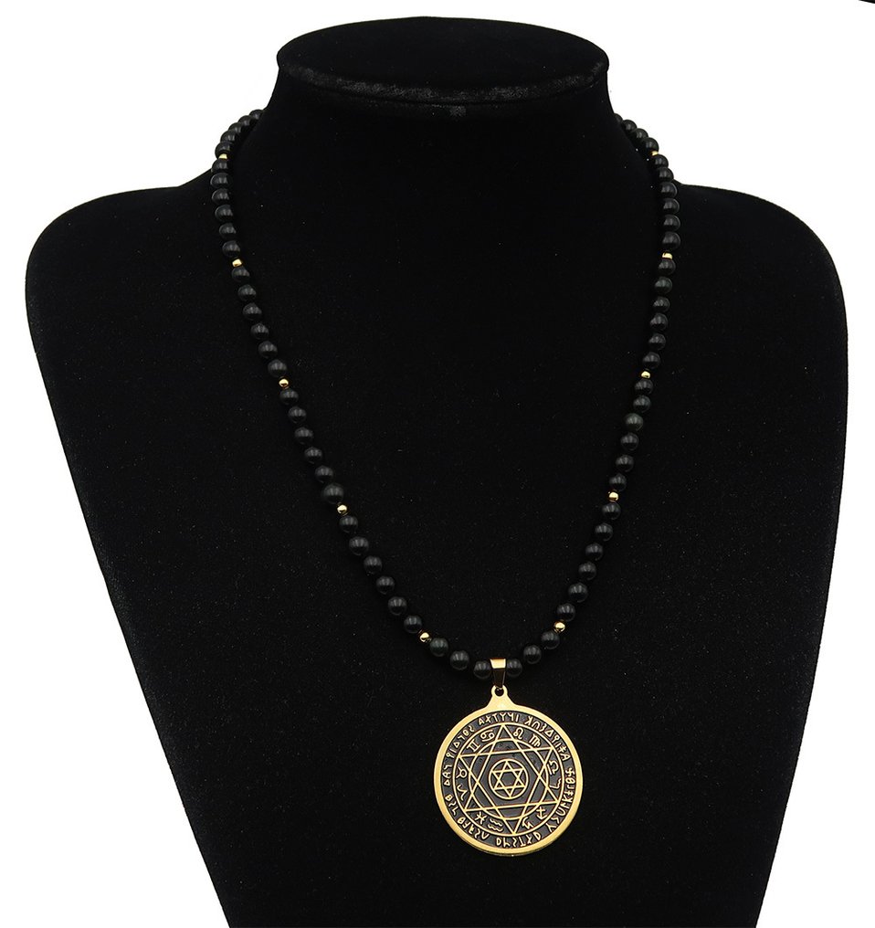 黑曜石-所罗门之印（锡安星或大卫星）-精神保护-14K镀金黄金扣 - 吊坠项链 #2.1