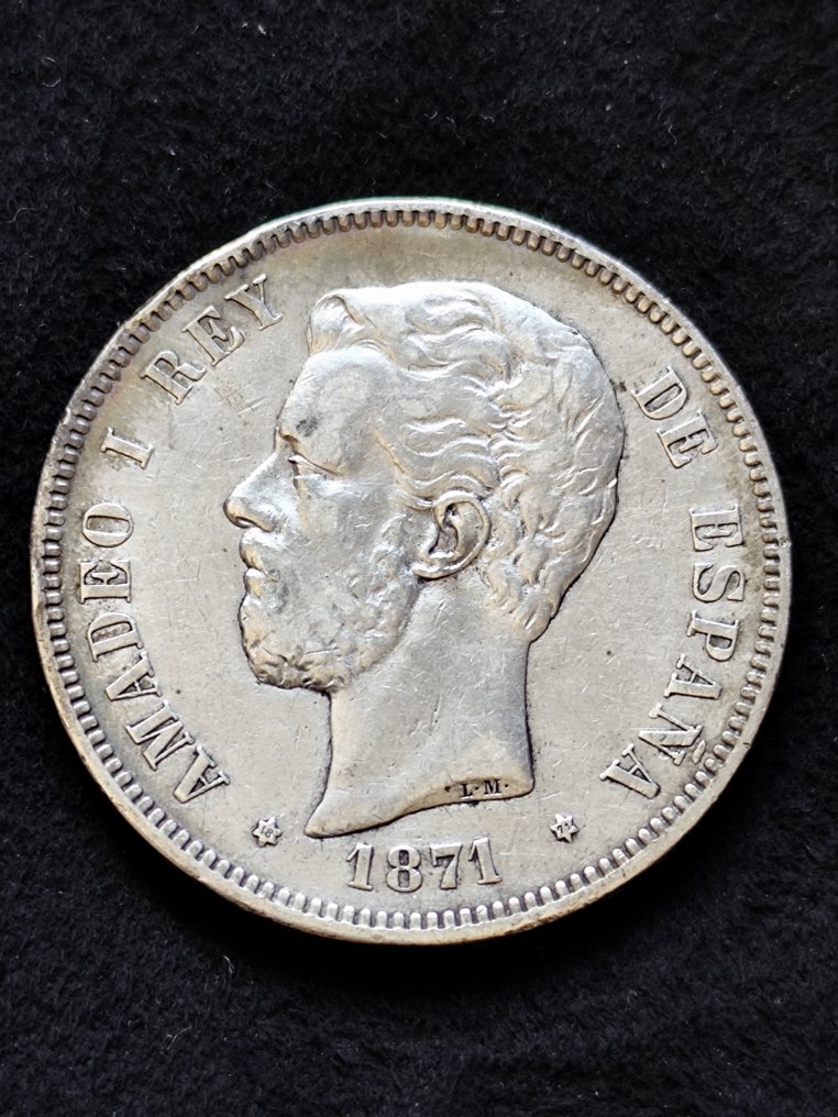 Espanjan kuningaskunta. Amadeo I. 5 Pesetas 1871-*1871 -SDM. (Variante Columna)  (Ei pohjahintaa) #1.0