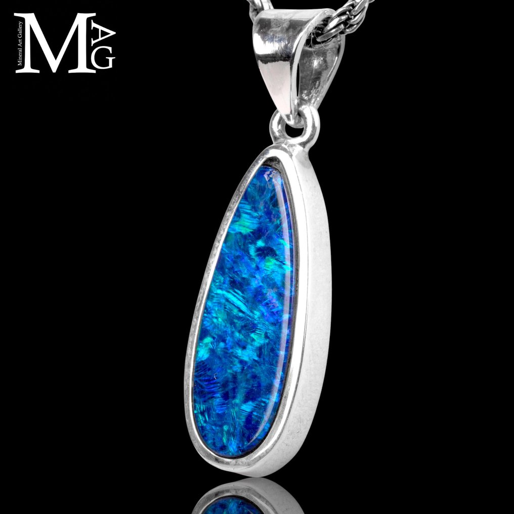 精彩的澳大利亚欧泊 - 纯银吊坠，配以泪滴切割欧泊 - 意大利认证珠宝 - 高度: 32 mm - 宽度: 11 mm- 3 g #4.3