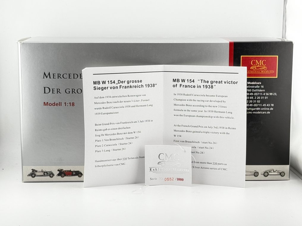CMC 1:18 - Rennwagenmodell - Mercedes-Benz W154 The Great Victor of France in 1938) only 1000 pieces worldwide - Von Hand aus 530 Teilen zusammengebaut #2.1
