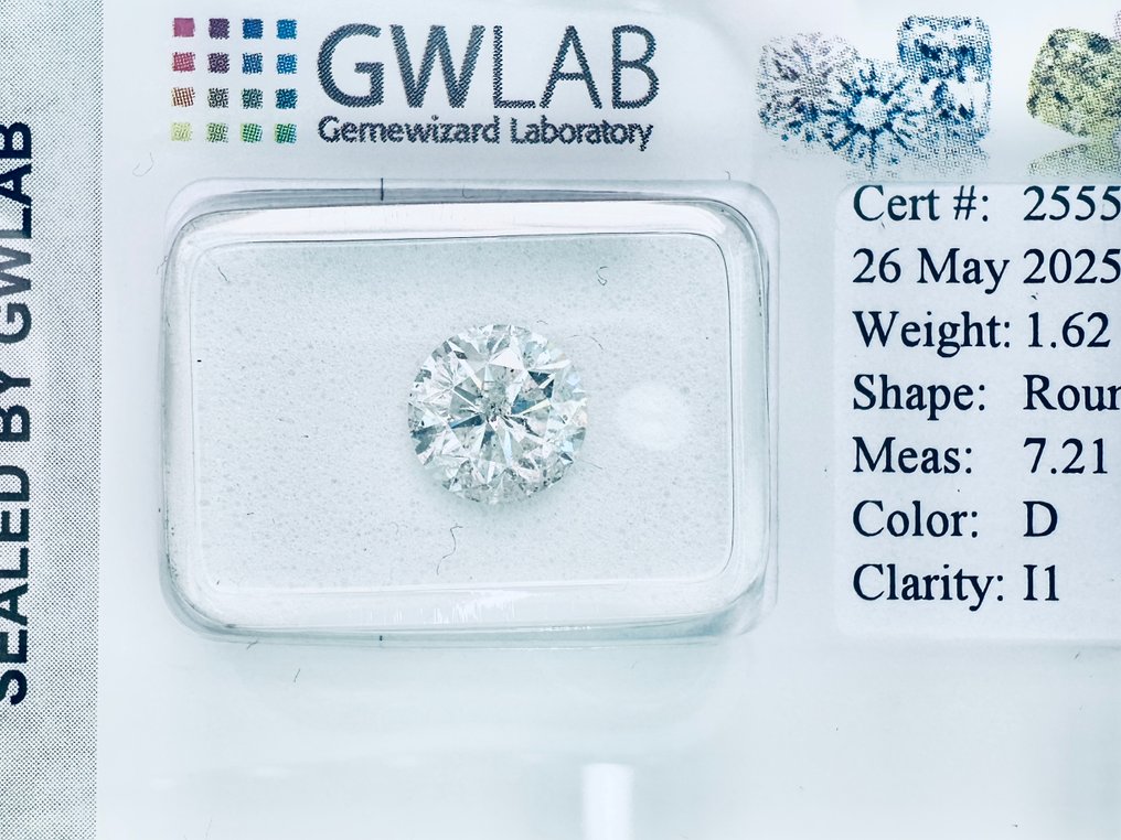 1 pcs Diamond (Natural) - 1.62 ct - Round - D (colourless) - I1 - Gemewizard Gemological Laboratory (GWLab) - ( NATURAL ) #1.0