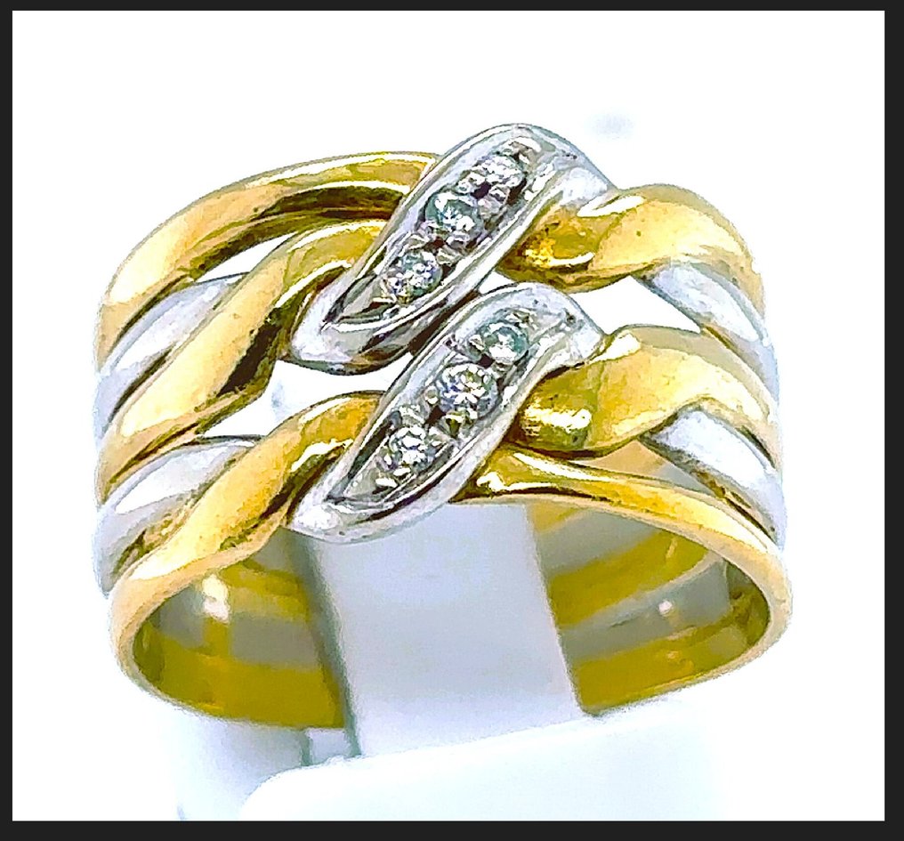 Sormus - 18 kt. Valkokulta, Keltakulta - 0.10ct. tw. Timantti (Luonnollinen) - Timantti - 18K-kultainen sormus RG55 #1.0