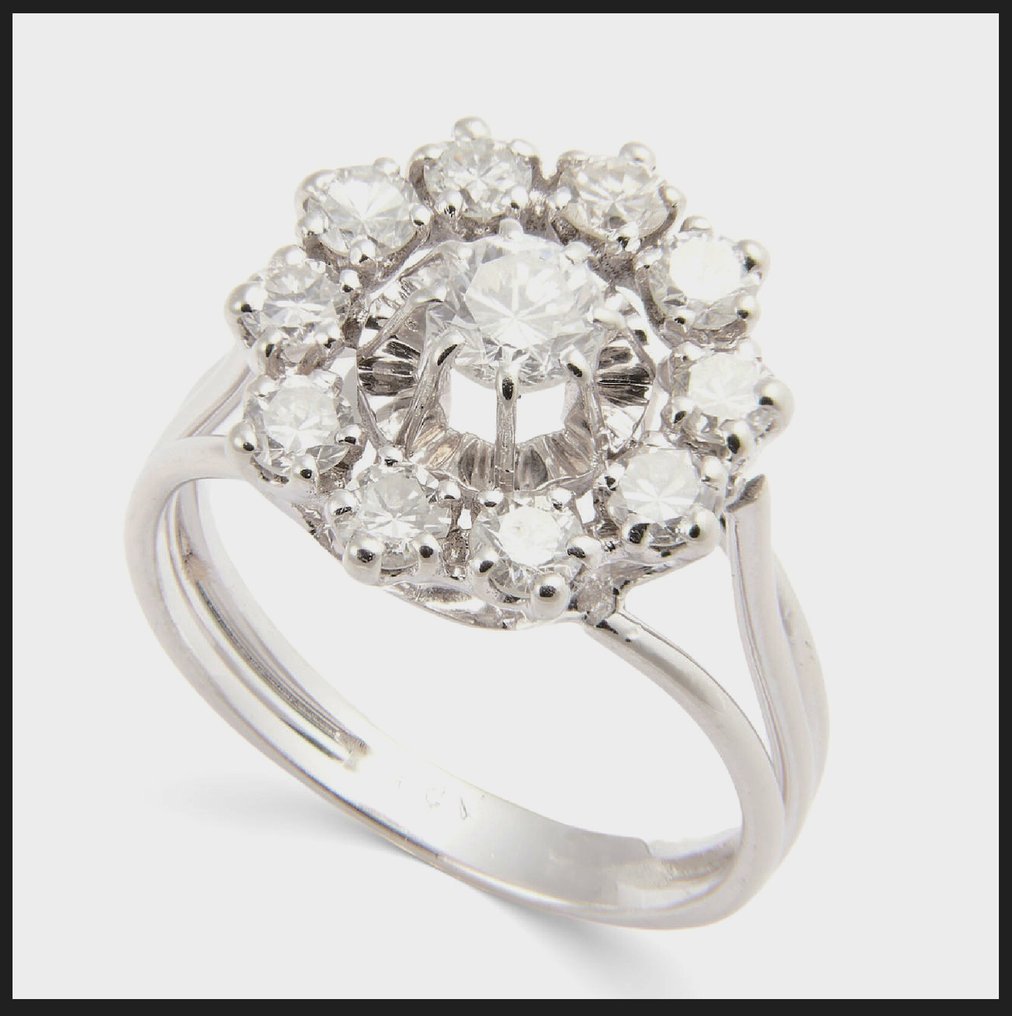 Cocktail-sormus - 18 kt. Valkokulta - 1.33ct. tw. Timantti (Luonnollinen) - Timantti - RS 52 - 53 1,33ct Cluster #2.1