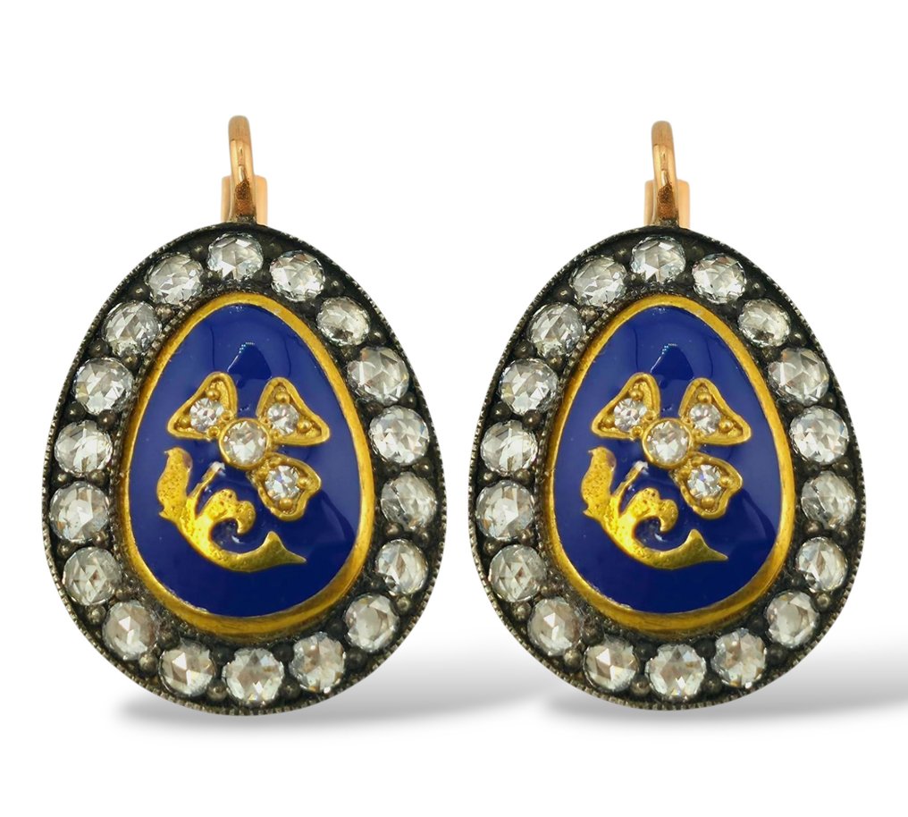 Korvakorut - 14 kt. Ruusukulta, Antiikkiset 56K-kultaiset ja timantti korvakorut - 2,00 karaattia Timantti (Luonnollinen) #1.0