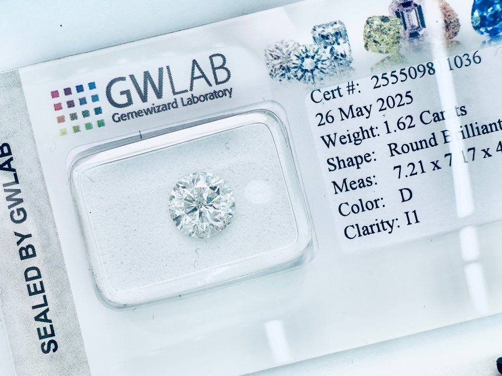 1 pcs Diamond (Natural) - 1.62 ct - Round - D (colourless) - I1 - Gemewizard Gemological Laboratory (GWLab) - ( NATURAL ) #3.2