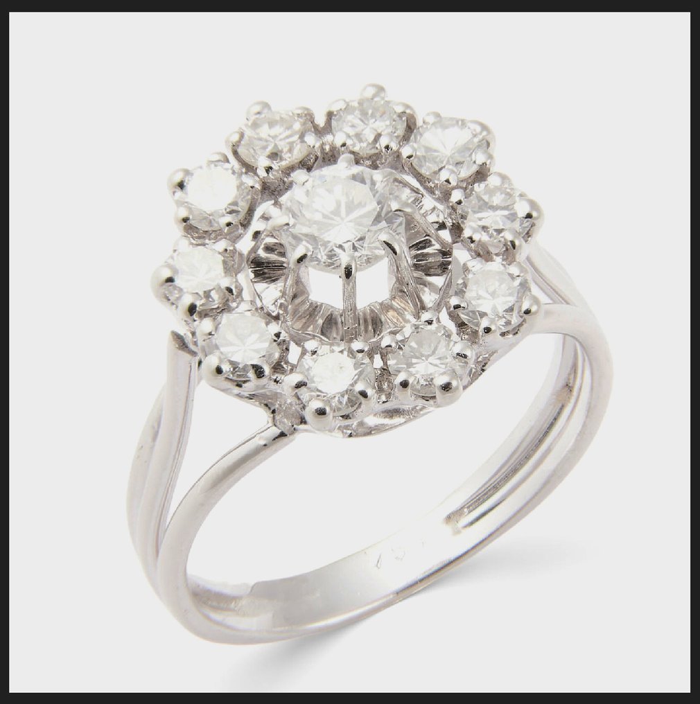 Cocktail-sormus - 18 kt. Valkokulta - 1.33ct. tw. Timantti (Luonnollinen) - Timantti - RS 52 - 53 1,33ct Cluster #3.2