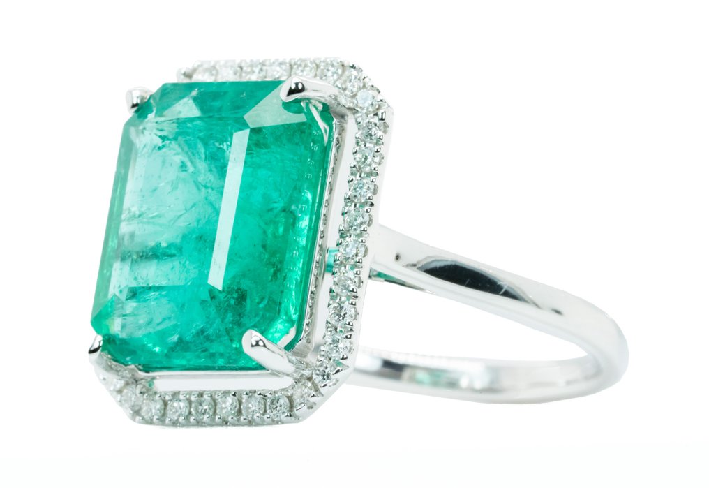 Ring - 14 kt Weißgold -  7.20ct. tw. Smaragd - Diamant #1.0