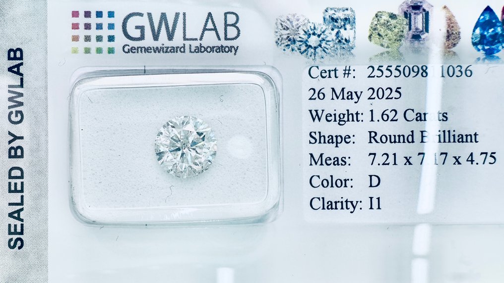 1 pcs Diamond (Natural) - 1.62 ct - Round - D (colourless) - I1 - Gemewizard Gemological Laboratory (GWLab) - ( NATURAL ) #2.1