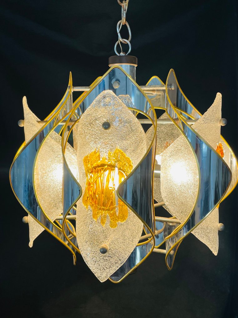 Riippuva lamppu - Kromattu Murano-ambrapäivävalaisin - Lasi, Metalli #4.3