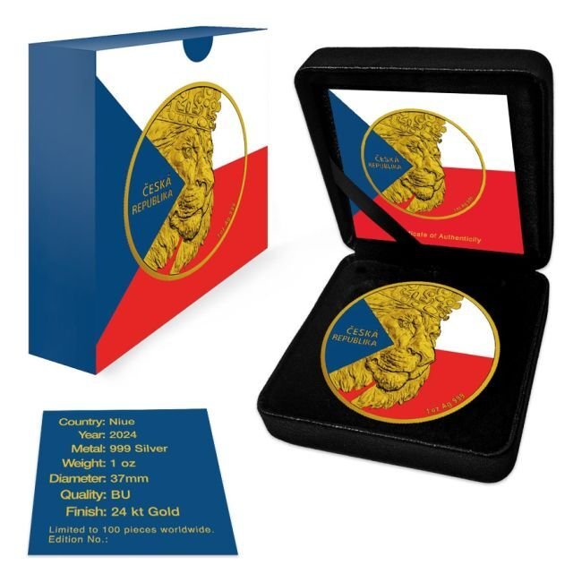Niue. 2 Dollars 2024 1 oz Niue Czech Flag Lion Stand 24k Gold Gilded Silver Coin (No Reserve Price) #2.1