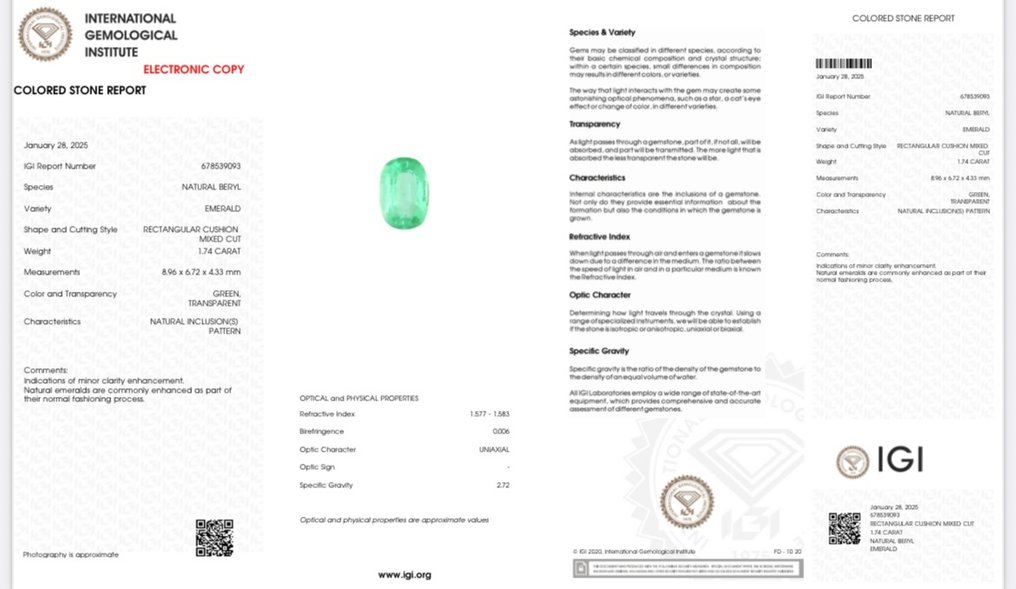 1 pcs Verde Smarald - 1.74 ct - IGI (Institutul gemologic internațional) #1.0