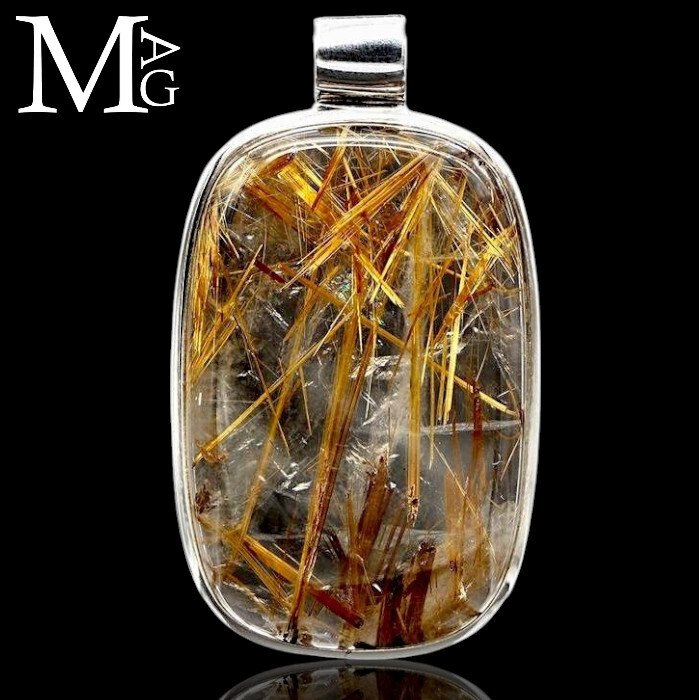 Colgante de plata con una gran piedra de cuarzo rutilado dorado rectangular. - Altura: 52.5 mm - Ancho: 30 mm- 25.7 g #2.1