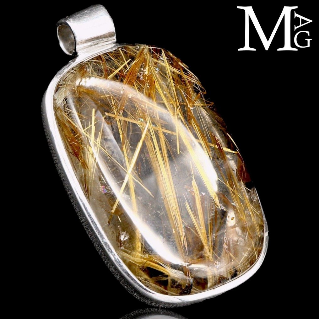 Colgante de plata con una gran piedra de cuarzo rutilado dorado rectangular. - Altura: 52.5 mm - Ancho: 30 mm- 25.7 g #4.3