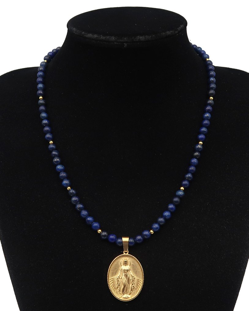 Λάπις λαζούλι - Κολιέ Καθολικής της Παναγίας: Θαυματουργή Μεταλλική και Θεία Χάρη - Χρυσό Κλείσιμο 14K GF - Κολιέ #1.0