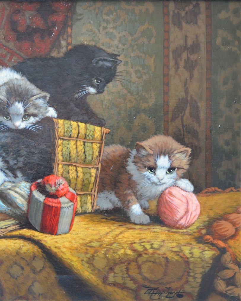 Cornelis Raaphorst (1875-1954) - Vijf spelende jonge katjes op een tafel #4.3