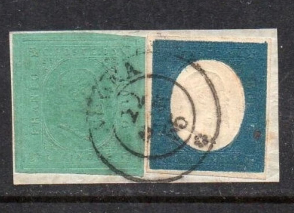 Starożytne państwa włoskie - Sardynia 1853/1854 - Arona, emisja 5 centów II i 20 centów III, unieważnione na fragmencie. - Sassone 4 + 8. #1.0
