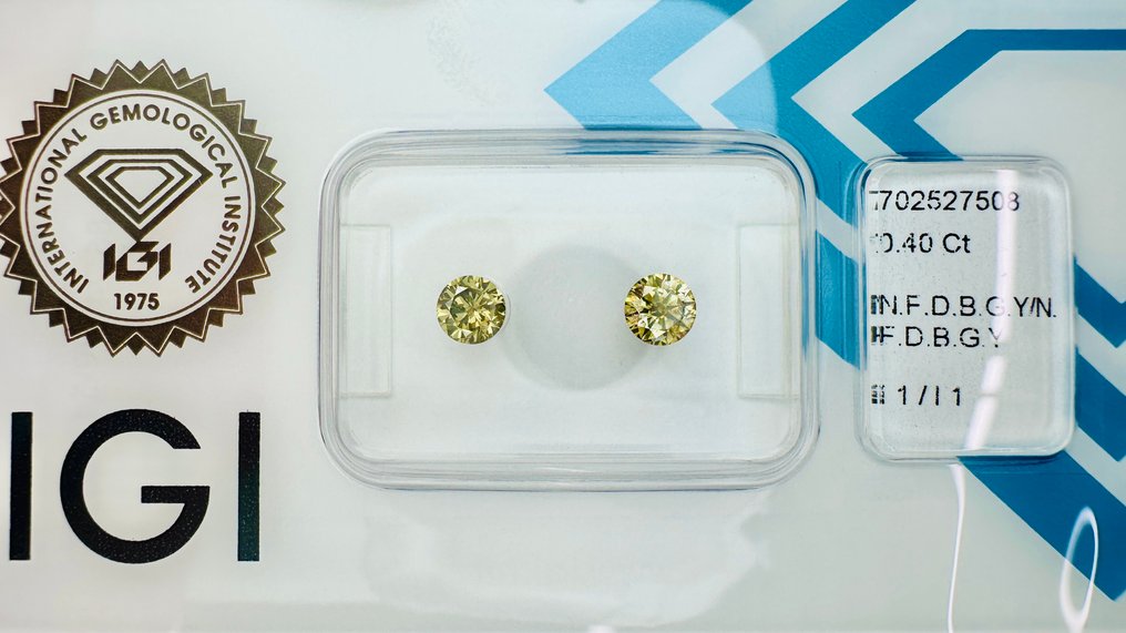 2 pcs Diamante  (Colorato naturale)  - 0.40 ct - Rotondo - Fancy deep Marrone, Verdastro, Giallo - I1 - International Gemological Institute (IGI) - Coppia abbinata mozzafiato #2.1