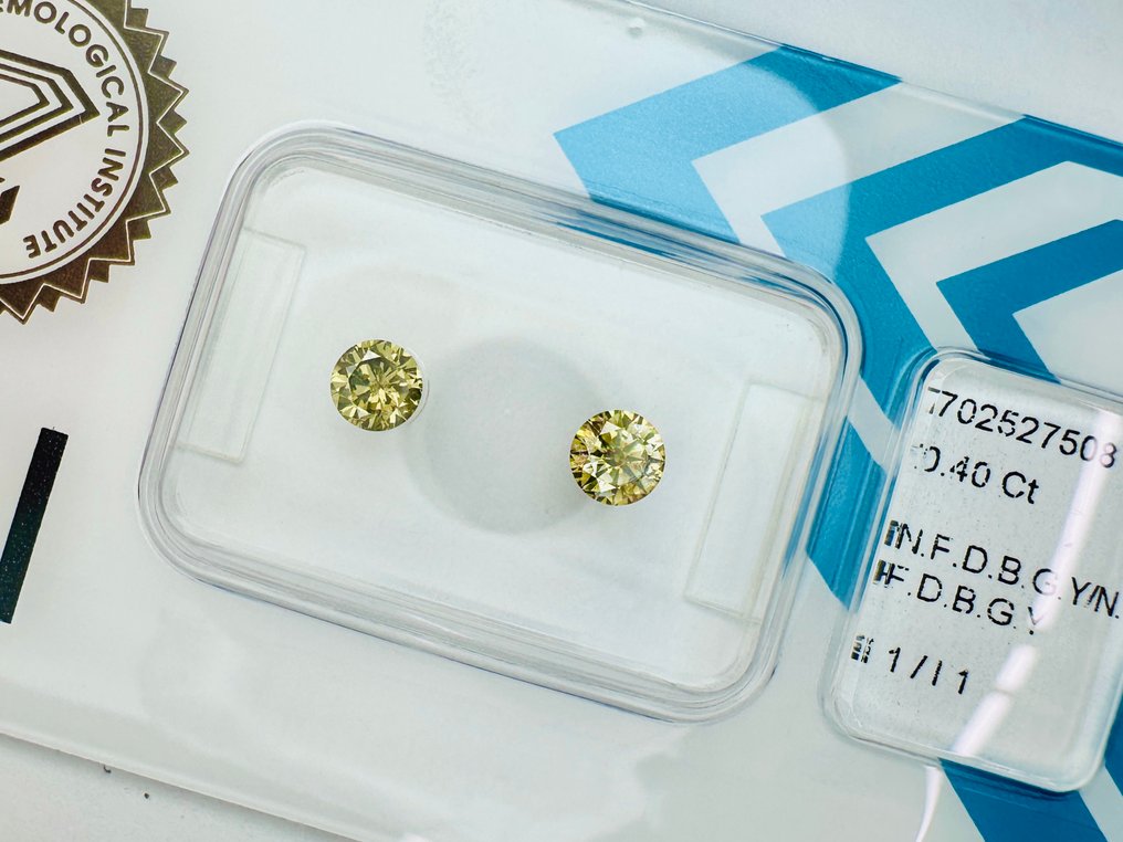2 pcs Diamante  (Colorato naturale)  - 0.40 ct - Rotondo - Fancy deep Marrone, Verdastro, Giallo - I1 - International Gemological Institute (IGI) - Coppia abbinata mozzafiato #1.0