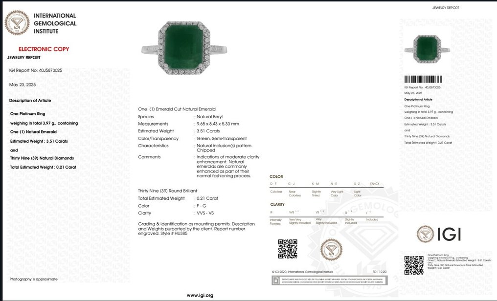 Ring Platin - 3.72ct. tw. Smaragd - Diamant - IGI - Halo Ring #2.1
