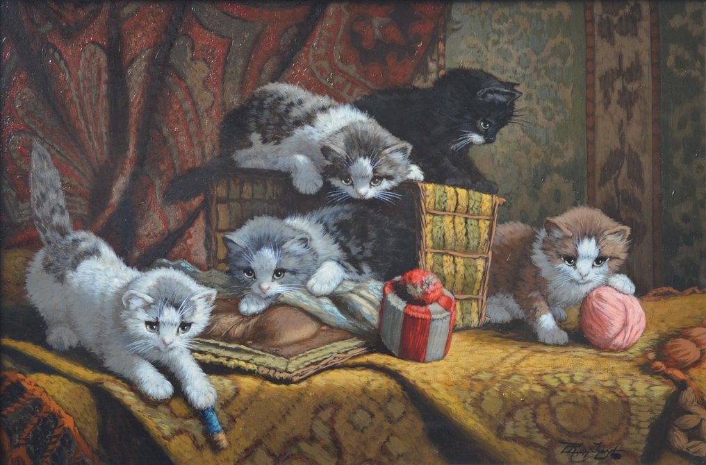 Cornelis Raaphorst (1875-1954) - Vijf spelende jonge katjes op een tafel #1.0