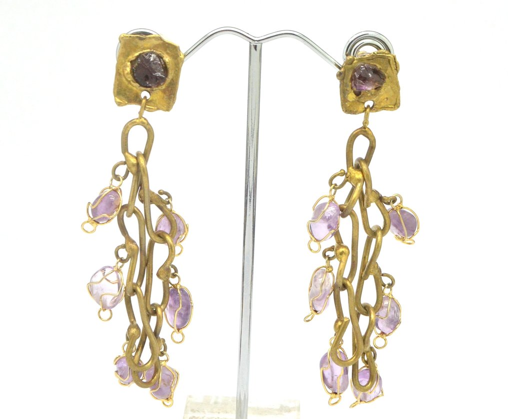 Other brand - 复古Carvalhu Rio Ernandes Copa系列粗犷风格紫水晶滴珠金色调 - 耳环 #1.0