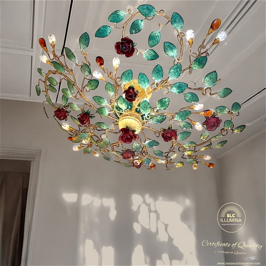 SLC Illumina - MG - Ceiling lamp - Rose laminated in gold with green leaves. - Wrought iron #3.2