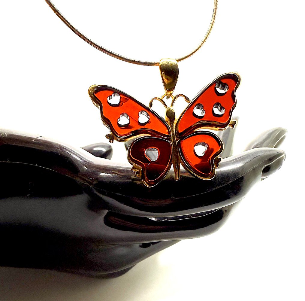 Pendente con farfalla in ambra scolpita a mano in argento sterling placcato oro a 24 carati - Ambra - Succinite / fossilized pine tree resin #3.2