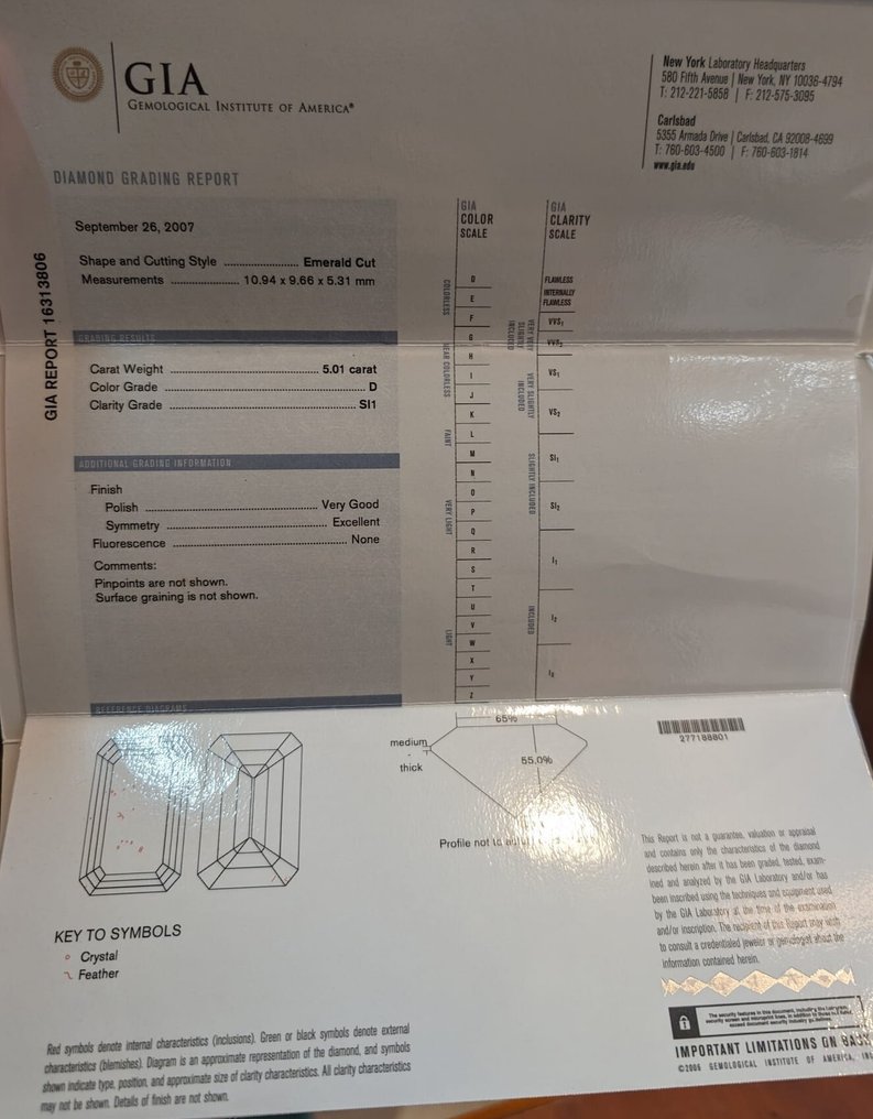 1 pcs Diamante (Natural) - 5.01 ct - Esmeralda - D (incoloro) - SI1 - Gemological Institute of America (GIA) - *VG EX None* #3.2